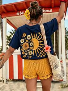 Damen Herbst 100% Baumwolle Oversized Kurzarm Rundhals T-Shirt mit Boho Blumen Sonnen Muster für Mode Lässig, Outdoor, Y2K, Streetwear - Marineblau- - Übersicht 5