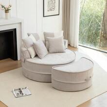 Round Beige Sofa With 5 Cushions And Pouf, Ideal For The Living Room And Bedroom. - 灰色 - 查看 7