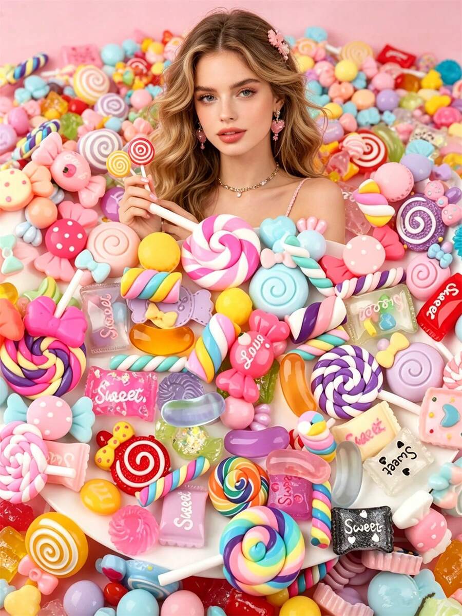10/30/50/80/100/200/500pcs Multicolor Whimsical Faux Candy Resin Charms Set - Vibrant, Sweet Theme Decorations For DIY Crafts And Scrapbooking - DIY Candy - View 1