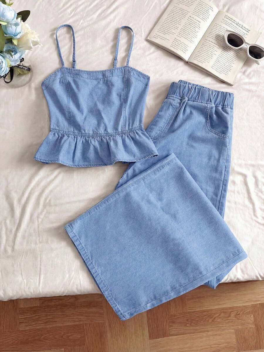 Qadelle Conjunto de camiseta de tirantes con volantes y jeans para mujer - Azul - Ver 1