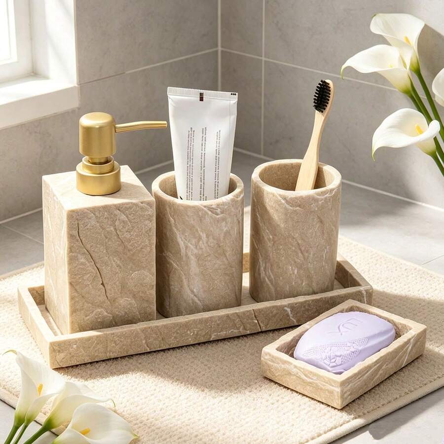 Faux Bark Texture Bathroom Wash Set, Faux Yellow Bark Texture Closer To Nature, Unique Pattern, Manual Soap Dispenser, Tumbler, Soap Dish, Tray, Toothbrush Holder - Yellow Bark Texture - View 1