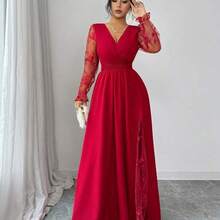 yonghongmaoyi1  Vestido elegante de mujer con cuello en V profundo, parche de encaje, manga larga y abertura alta, adecuado para graduación, vacaciones, Día de San Valentín, festivales de música, Día de la Madre, Acción de Gracias, Pascua, Día Nacional, bailes, citas, fiestas, bodas, actividades al aire libre, primavera/verano - Negro01 - Ver 7