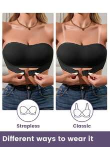 Women Invisible Strapless Push Up Bra Front Closure Convertible Bandeau W/ Clear Straps - Black - View 4
