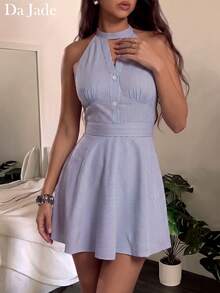 女款 Y2K 休閒藍白條紋迷你洋裝 掛脖無袖前排扣腰帶喇叭裙 夏季海灘度假外出穿搭 - 藍色 - 查看 5