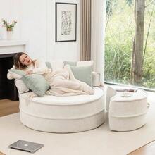 Round Beige Sofa With 5 Cushions And Pouf, Ideal For The Living Room And Bedroom. - Beige - View 9
