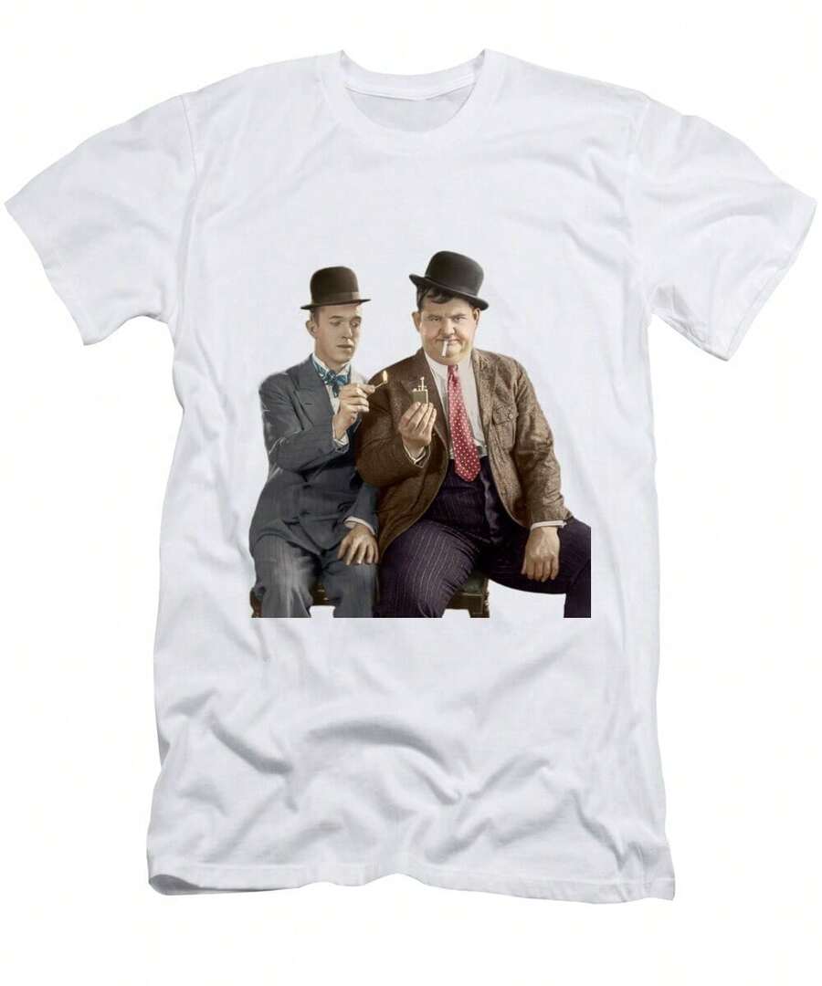 T-Shirt Grafica Da Uomo Vintage Comedy Duo 2026, A Maniche Corte E Girocollo, Con Stampa Di Stanlio E Ollio, Stile Casual Streetwear. - 白色 - 查看 1