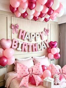 60入粉色主題生日氣球套組，16吋Happy Birthday字母氣球橫幅、大蝴蝶結鋁箔氣球、18吋粉色玫瑰心形氣球、粉白金屬紅乳膠氣球，適合生日派對佈置 - 樣式 2 - 查看 4