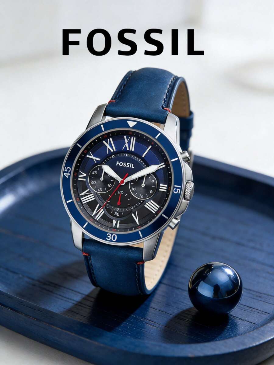 Đồng hồ nam Fossil FS5373 Chronograph với dây đeo da màu xanh dương. - Màu xanh lam - Xem 1