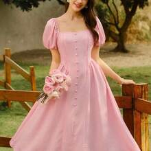 yonghongmaoyi1  Vestido de mujer vintage, elegante y clásico. Vestido ajustado a rayas para primavera/verano, vestido con botones, vestido rosa acampanado, vestido de manga corta - Rosa - Ver 5
