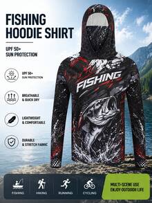 TELEYI Men's Black & Red Splatter Bass Fishing Hoodie With Sun Protection Mask, UPF Long Sleeve Quick-Dry Outdoor Shirt - Black - View 1
