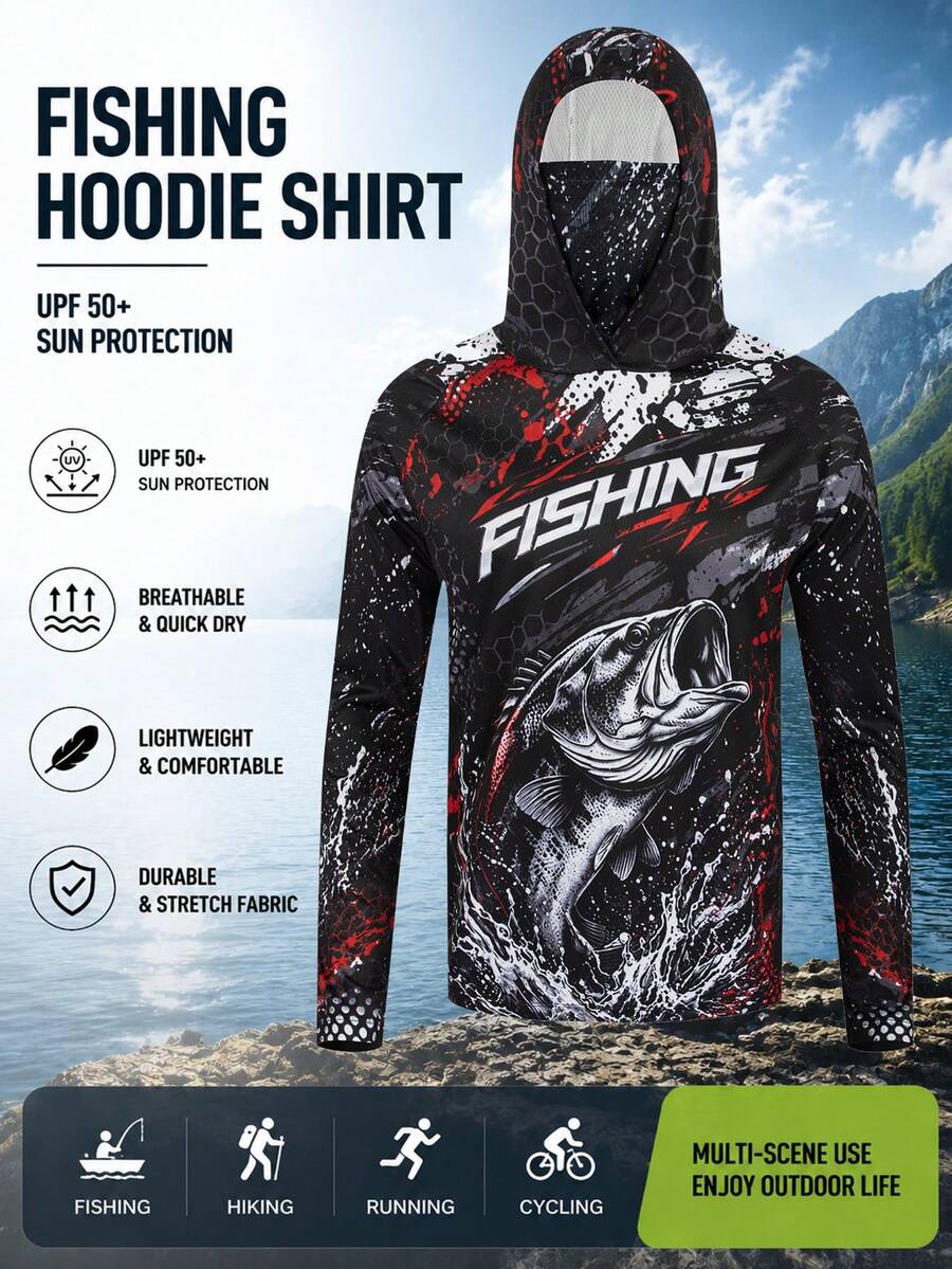 TELEYI Men's Black & Red Splatter Bass Fishing Hoodie With Sun Protection Mask, UPF Long Sleeve Quick-Dry Outdoor Shirt - Black - View 1