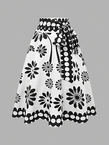 Nueva llegada Verano Mujer Casual Versátil Elegante Moda Lazo Floral Estampado Cintura Alta Elegante Falda Midi Línea A, Adecuado para Trabajo, Uso Diario, Citas - Multicolor 3 - Ver 1