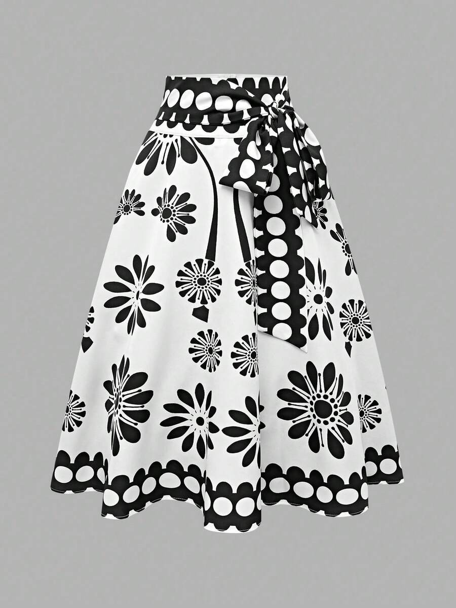 Nueva llegada Verano Mujer Casual Versátil Elegante Moda Lazo Floral Estampado Cintura Alta Elegante Falda Midi Línea A, Adecuado para Trabajo, Uso Diario, Citas - Multicolor 3 - Ver 1