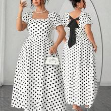 dagjydgfyja  Vestido de manga corta con cuello de mariposa con lazo y estampado de lunares elegante y vintage para mujer de talla grande, primavera/verano - Azul marino - Ver 10