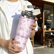 1pc/5pcs 30oz Stainless Steel Insulated Travel Mug With Handle, Macaron Pink Ditsy Floral, Leak-Proof Flip Lid, For Iced Coffee, Juice, Oat Milk, Photo Props, Birthday & Holiday Gift For Girlfriend/Boyfriend - Multicolor - View 5