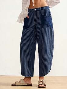 Jeans de tiro bajo con estampado de rayas, parches y bolsillos para mujer, ideales para vacaciones y uso diario - Azul lavado oscuro - Ver 1