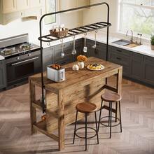LITTLE TREE Solid Wood Kitchen Island With Storage, 47-Inch Farmhouse Stationary Island Table With 5 Hooks And Seating, Counter Height Bar Table For Dining Room, Kitchen, Rustic Brown - 鏽棕色 - 查看 5