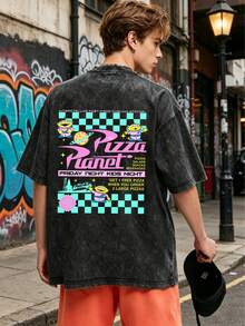 T-shirt Disney Pizza Planet Trois Yeux – T-shirt homme au design délavé et vieilli, style rétro et streetwear, 100 % coton, coupe décontractée, impression recto verso. Idéal au quotidien, pour les sorties et les tenues décontractées. Cadeau parfait pour les fans de Toy Story – idéal pour l'été. - Noir - Voir 2