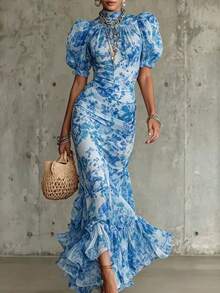 Elegant French Retro Style Chiffon Fishtail Dress For Vacation - 藍色 - 查看 1