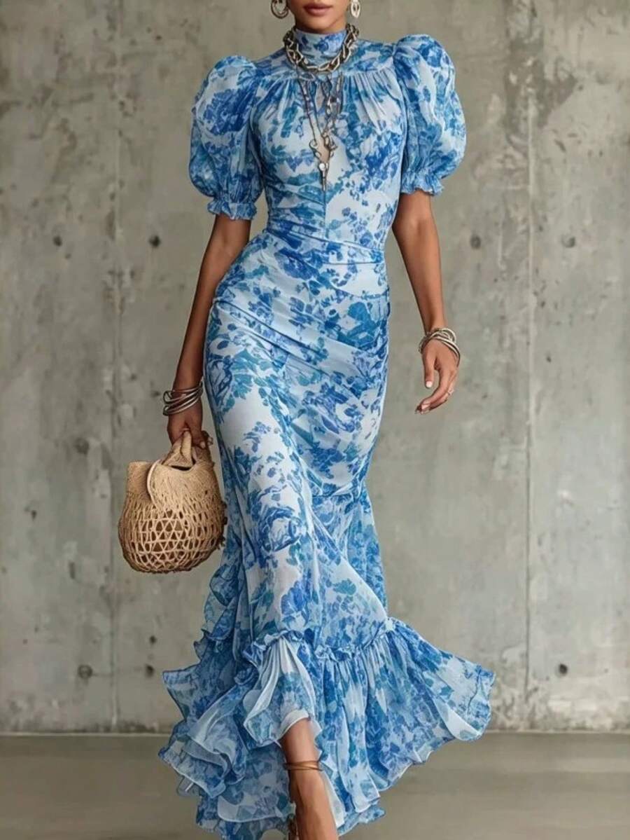 Elegant French Retro Style Chiffon Fishtail Dress For Vacation - 藍色 - 查看 1