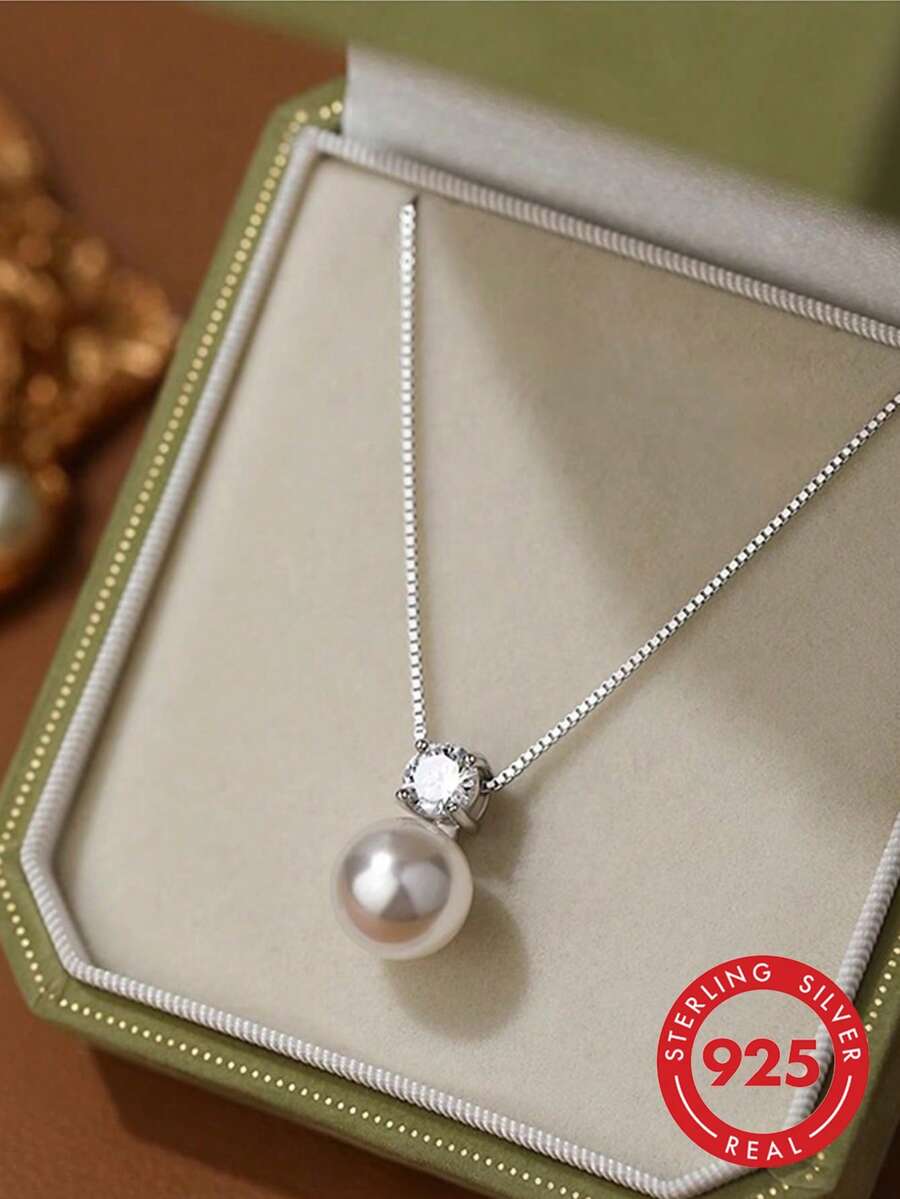 1pc S925 Sterling Silver Sparkling Rhinestone Pearl Necklace Women's New Sweater Chain Collarbone Chain Suitable For Daily Wear Suitable For Daily Wear - Silver - View 1