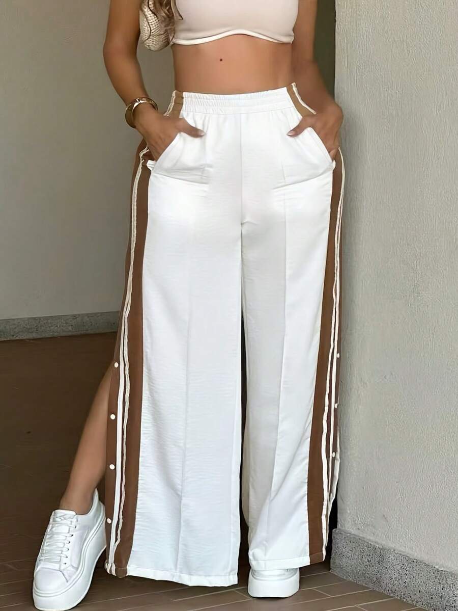 Striped Loose New Casual Brand Sporty Straight Leg Wide Leg Pants - White - View 1