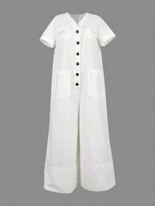 Women's Plus Size Casual White Jumpsuit, V-Neck Short Sleeve Button Front Linen Blend Wide Leg Long Romper With Pockets - White - View 4