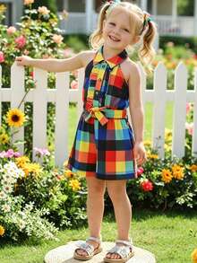 Rompers de cuadros coloridos con estilo callejero y tirantes para niña en verano - Multicolor - Ver 2
