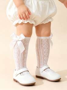 1 Pair Baby Girls' Heart Pattern Mid-Calf Socks, Bow Decor, Breathable Girls' Knee High Socks, Spring/Summer - White - View 6