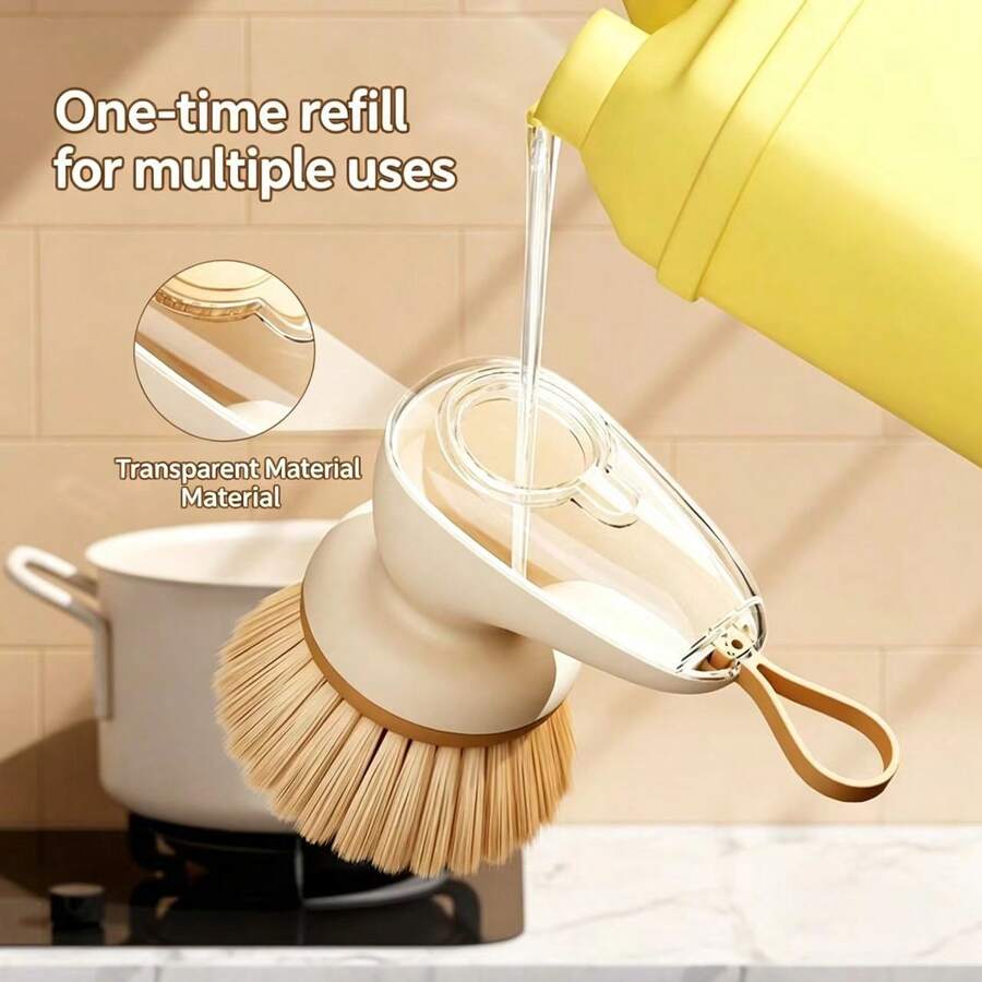 Cepillo de limpieza de cocina conveniente - Modelo portátil con adición de líquido antiadherente, disponible en 3 formas, caja de líquido de limpieza visible + función de descarga de líquido por presión, adecuado para escenas de limpieza como cocina, olla antiadherente, plato, vajilla, fregadero, etc.