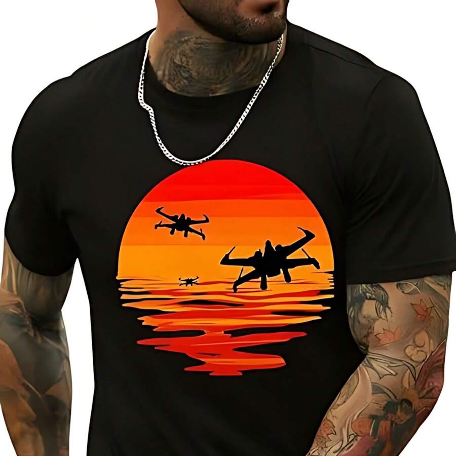 Printed T-Shirt With Round Neck And Short Sleeves For Everyday Use - Black - View 1