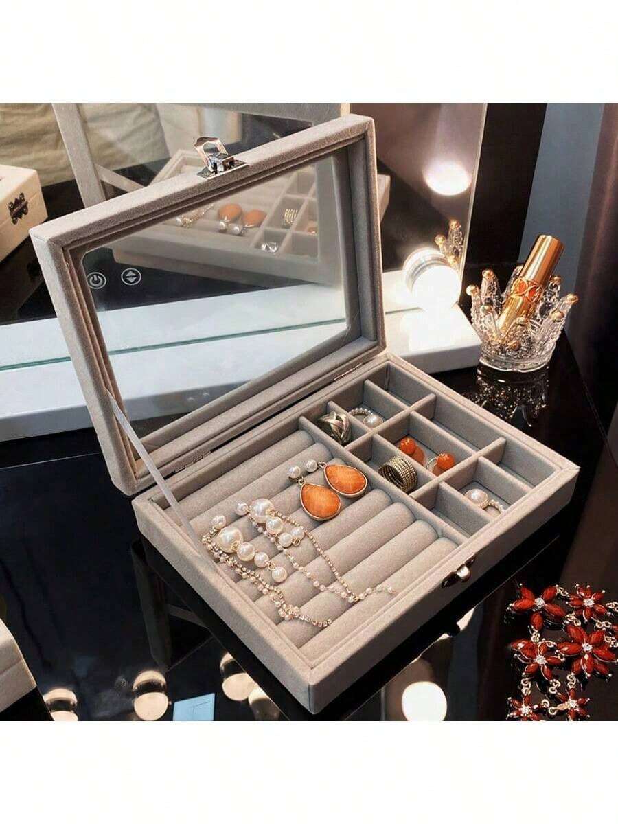 時尚輕量奢華珠寶收納盒，便攜式多格天鵝絨內襯透明塑料頂蓋精緻珠寶盒，適用於耳環、項鍊、戒指 - 絨面首飾盒 - 查看 1