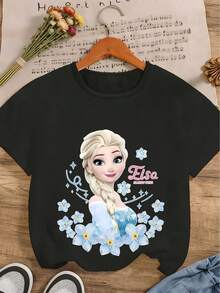 Disney! Frozen Princess Elsa Floral Print Women's T-Shirt, Casual Fashion Round Neck Short Sleeve Summer Top, Sweet And Cool Versatile Sweatshirt, Outdoor Daily Casual Wear - Black - View 3