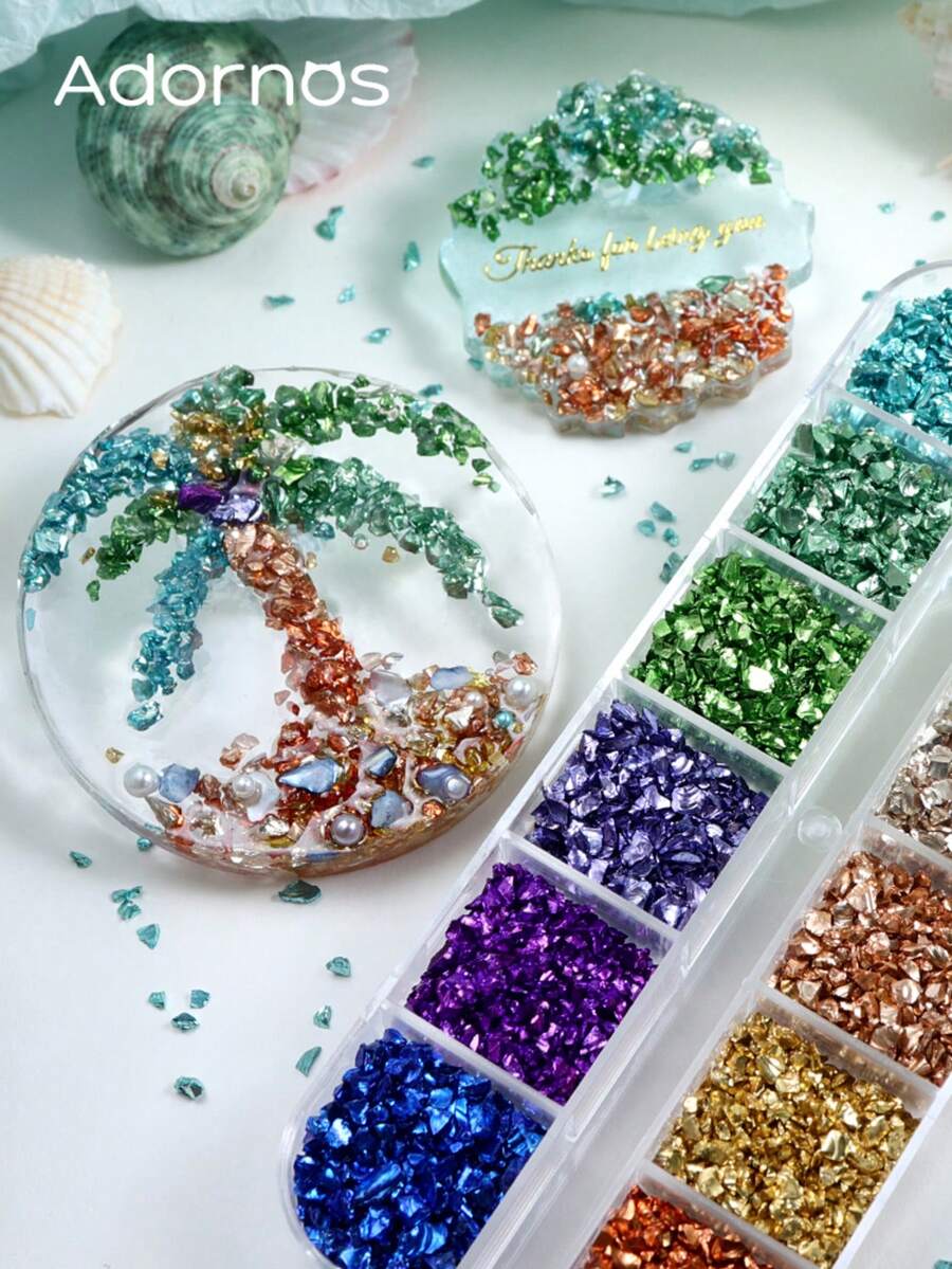 12 Grids Ocean Style Irregular Crushed Glass Stone Beads Set For Resin Shaker Crafts Epoxy Mold Filler DIY Jewelry Making Accessories Handmade - Multicolor - View 1