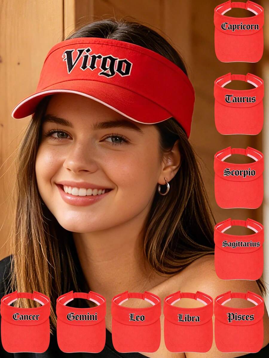 1PC Exclusive Constellation Red Visor Cap, Women Personalized Logo Sun Hat, Breathable & Comfortable, For Daily Wear/Outdoor Light Trips - Red - View 1