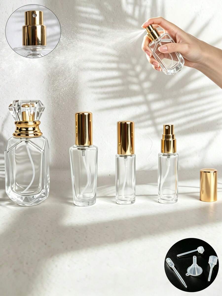 Bộ 4 chai xịt nước hoa thủy tinh sang trọng có thể nạp lại, bình đựng mỹ phẩm rỗng chống rò rỉ với vòi phun sương mịn, nắp vàng thanh lịch và thiết kế cắt kim cương, kích thước du lịch di động, phù hợp cho nước hoa, tinh dầu, toner, xịt cố định, dùng hàng ngày, đi công tác, ngoài trời, quà tặng tuyệt vời cho nữ giới - Trong sáng - Xem 1