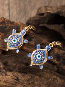 Cring Coco Boho Blue Evil Eye Turtle Charm Drop Earrings, Alloy Enamel Golden Plated Dangle Earrings, Good Luck Jewelry Gift, Suitable For Daily Wear, Gatherings, Parties, And Vacations. - Sea Turtle - View 5
