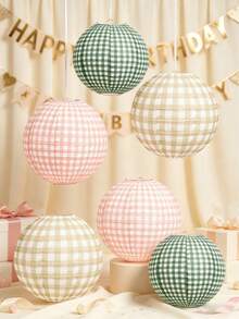 6pcs 12 Inch Paper Lanterns, Colorful Plaid Round Hanging Paper Lanterns, Suitable For Bachelorette Party, Birthday Party, Outdoor Activities, Camping, Wedding, Home Decor. - Multicolor - View 4