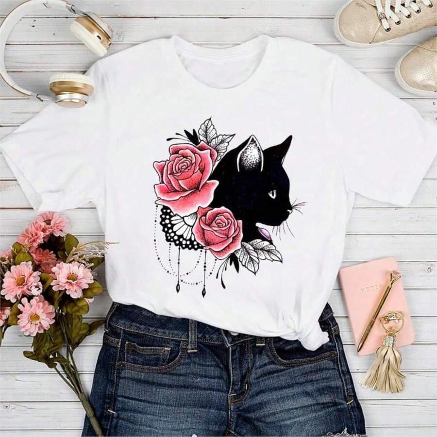 2026 Women's Quality Casual Cotton T-Shirt, Women's T-Shirts With Cartoon And Wine Print, Fun And Fashionable Clothes For Spring Summer, Elegant Women's T-Shirt, Printed T-Shirt For Girls, Unisex Basic T-Shirt - 白色 12 - 查看 1