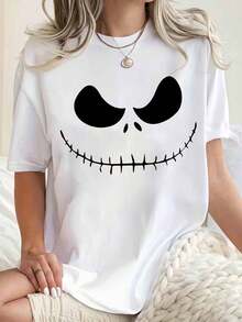 Disney Women Round Neck T Shirt Jack Skellington Face Print Halloween Costume Party Casual Top 220g - 白色 - 查看 1
