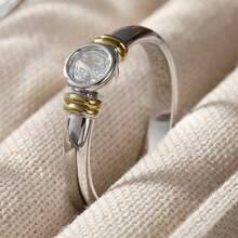Bicolor Zirconia Inlaid Ring, Minimalist & Elegant, Professional Commuter Accessory - Silver - View 5