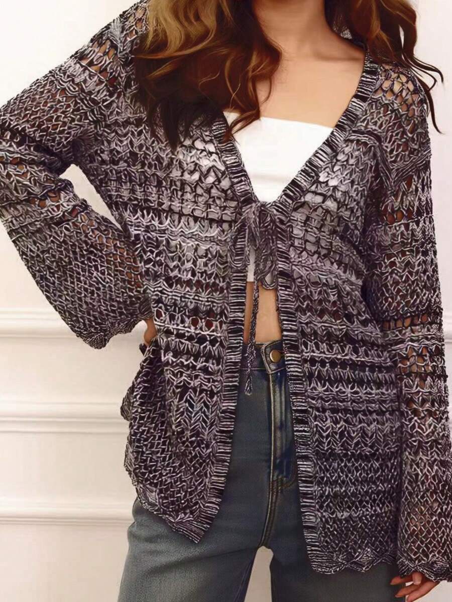 Cardigan Plus Size Curve Cinza Mesclado com Recorte Vazado, Amarração Frontal, Manga Longa, Tricô Aberto, Suéter Casual Leve para Primavera e Outono, Modelagem Solta, Top Preto - Preto - Visão 1