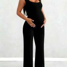 Pantalones de peto casuales de unicolor y alta elasticidad para mujeres embarazadas, negro, para verano - Negro01 - Ver 1