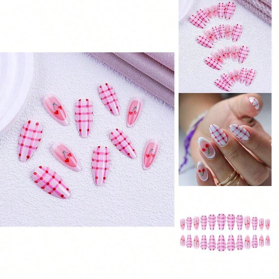 Wear High-End French Striped Cherry Removable Almond Nails Wearable Manicure Nails Fake Nails - 免費穿戴盔甲 - 查看 1