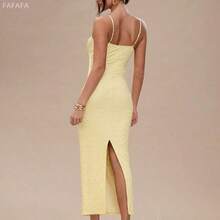 xuehuamaoyi02   Vestido maxi de mujer de verano de punto con tirantes de color amarillo sólido, vestido de mujer de verano, vestido de graduación, vestido de invitada de boda, vestido amarillo mantequilla, atuendo de rave y festival - Amarillo - Ver 3