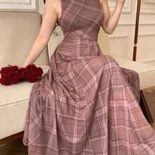 yonghongmaoyi1  Vestido de mujer elegante de cuello redondo sin mangas con estampado asimétrico de largo medio, vestido de invitada de boda de verano - Marrón - Ver 1