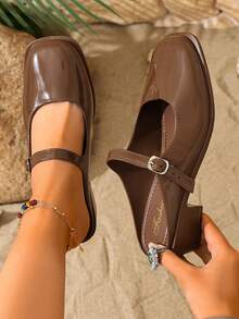 Retro Brown Mary Jane Mule Shoes, Square Toe Low Heel Slip-On Comfortable Heeled Sandals For Work, Daily Commute And Casual Wear - Brown - View 3