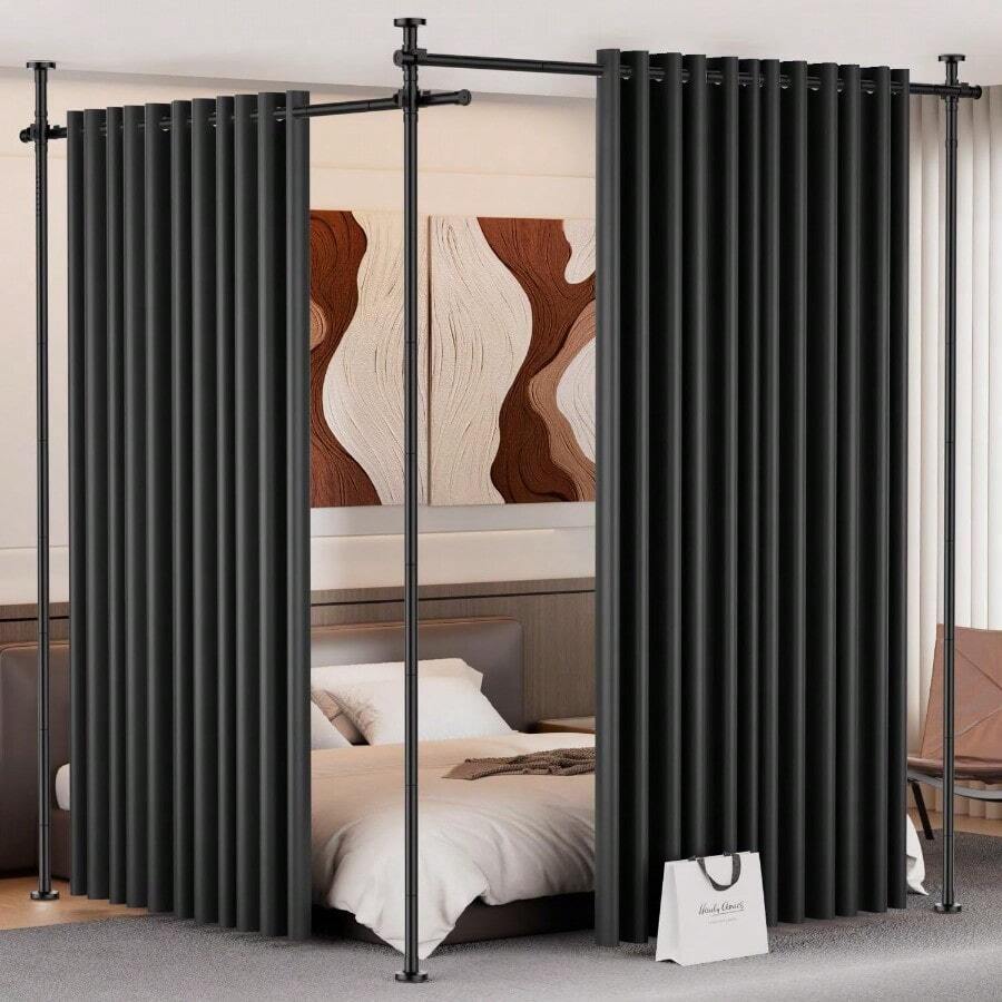 Room Divider For Room Separation (57-145in W), Curtain Rods No Drilling For Bedroom, Freestanding Room Divider Panel Tension Rod, Wall Divider Privacy Screen Partition For Space Separator, Drill Free - Black - View 1