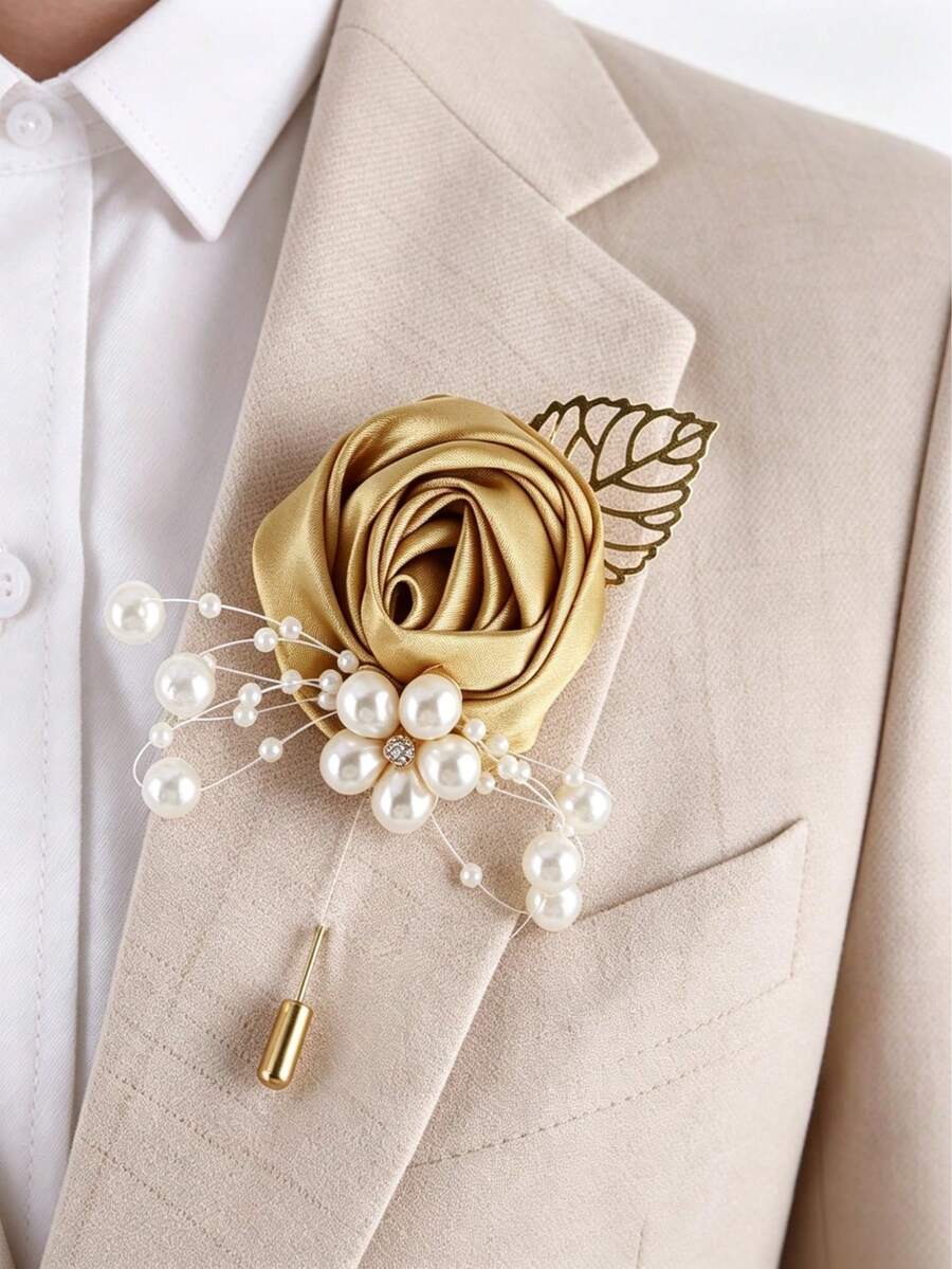 1 buah Boutonniere Pengantin Pria Motif Mawar Sampanye dengan Pita Daun Emas Mutiara, Tersedia Berbagai Pilihan Warna, Cocok untuk Pengantin Pria dan Pendamping Pengantin Pria - MultiWarna - View 1