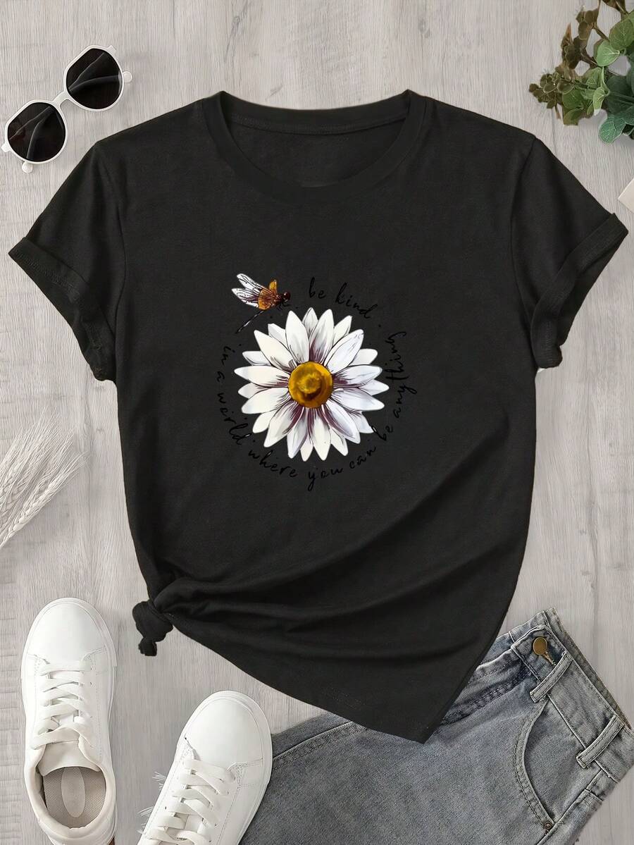 Top de mujer de cuello redondo y manga corta con estampado de flores blancas y abejas, apto para todas las estaciones. - Negro - Ver 1